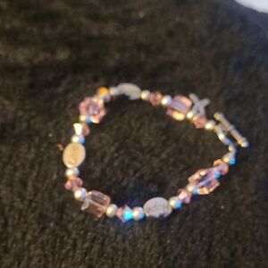 Breast Cancer Awareness Pink Beaded Charm Bracelet with Silver Accents